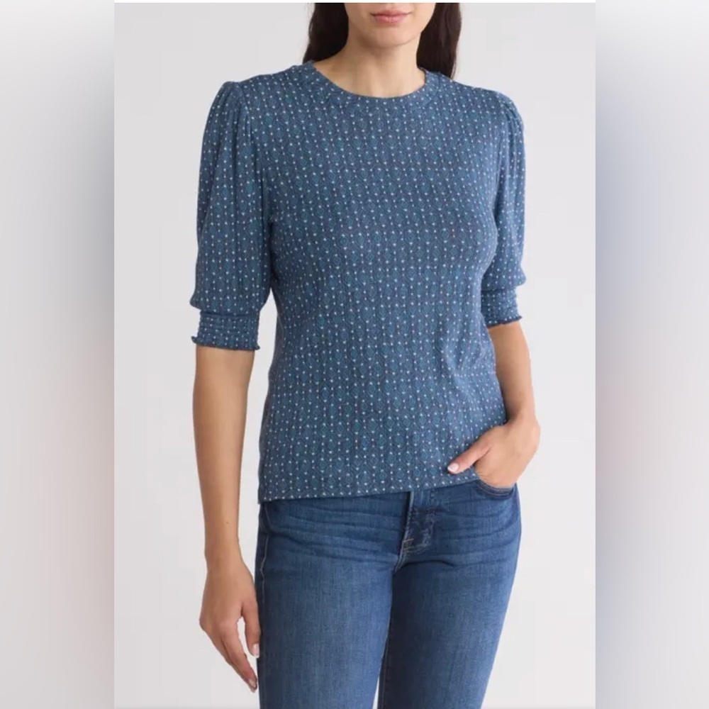 Lucky Brand Women's Puff Sleeve Blouse Soft Tee Blue/Gray/White‎ Soft Sz-Lg